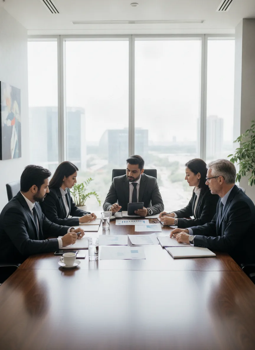 professional corporate meeting with Pakistani entrepreneurs and advisors