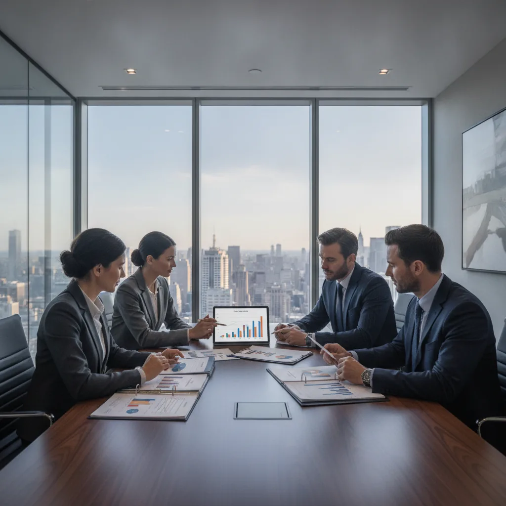 Professional photo of business consultants reviewing investment documents